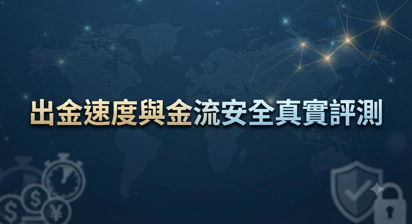 這是一張以金融與安全為主題的宣傳圖片。 畫面正中間清晰地標示著「出金速度與金流安全真實評測」這行大字。