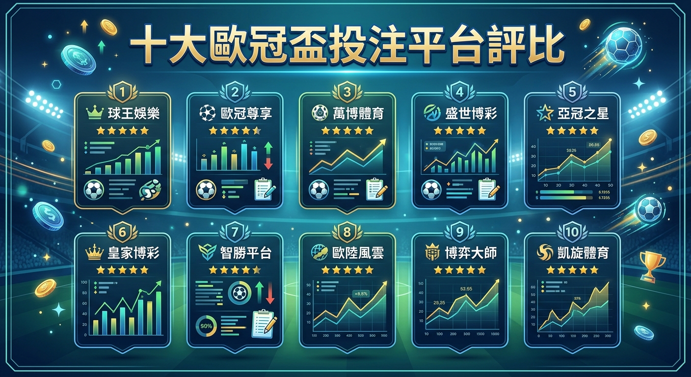 這張圖片以深藍色足球場為背景，上方標有醒目的標題「十大歐冠盃投注平台評比」。 畫面中整齊排列著十個評價卡片，搭配數據圖表、星級評等與足球元素，展現專業的分析風格。