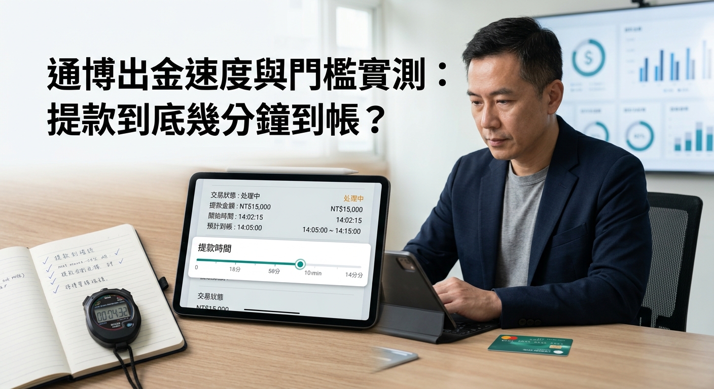 這張圖片展示了一位男士在辦公桌前使用平板電腦核對提款進度的畫面，旁邊擺放著筆記本、計時秒針與信用卡。 左上方以清晰的大字標示標題：「通博出金速度與門檻實測：提款到底幾分鐘到帳？」。