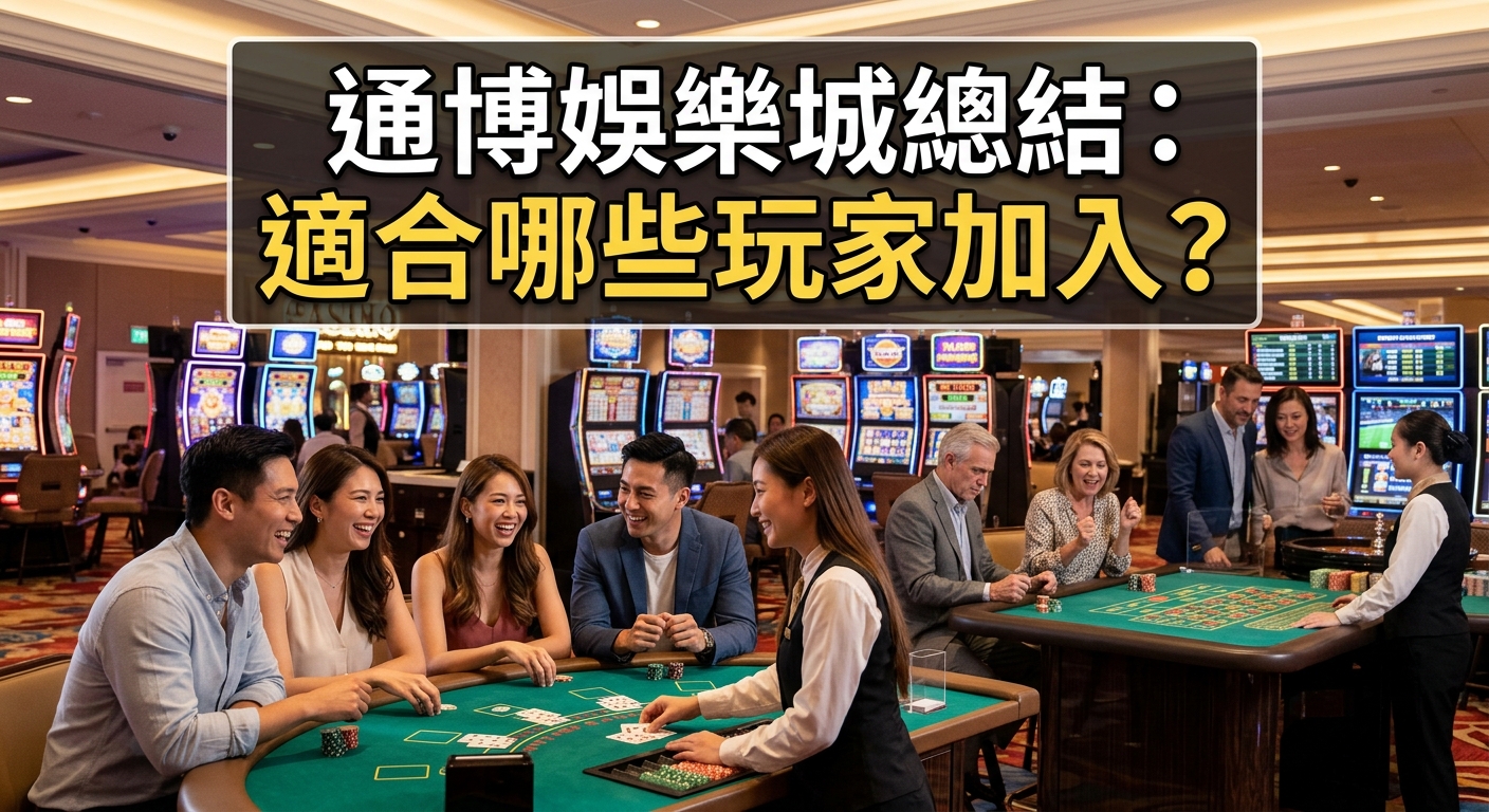 這張圖片展示了一群玩家在熱鬧奢華的賭場內愉快地體驗各類娛樂遊戲。 畫面上方以醒目的繁體中文標題寫著：「通博娛樂城總結：適合哪些玩家加入？」。