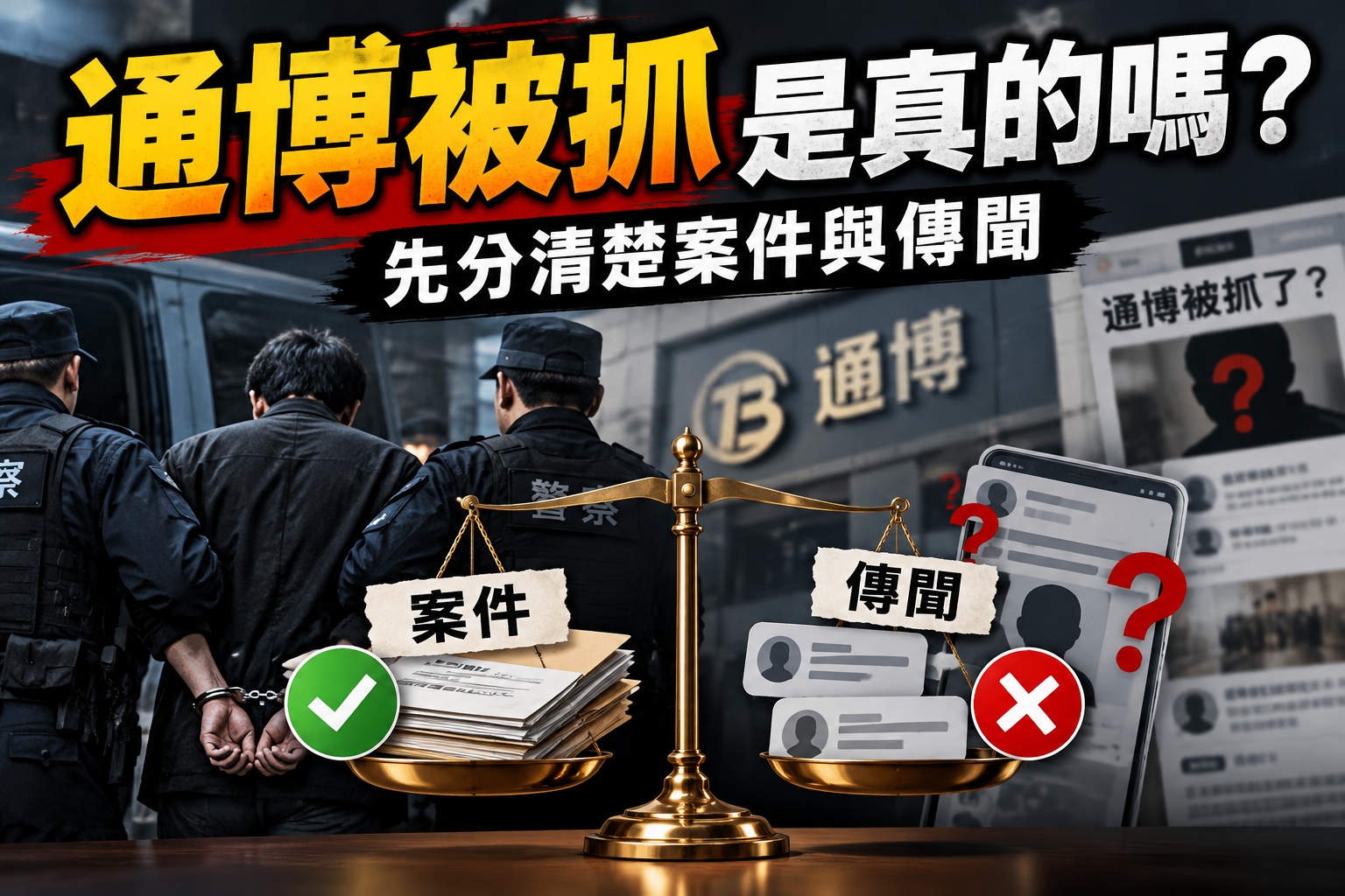 圖片以警方執法、法律天秤與通博娛樂城為背景，呈現「通博被抓」事件的法律爭議與資訊查證重點。 透過案件文件與網路傳聞的對比，提醒讀者分辨真實司法案件與未經證實的消息，避免誤信謠言。